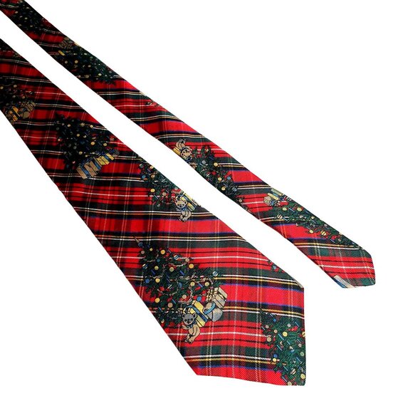 Vintage Samuel Sons Christmas Tree Tartan Plaid Luxury Silk Necktie Holiday Gift - Picture 1 of 5